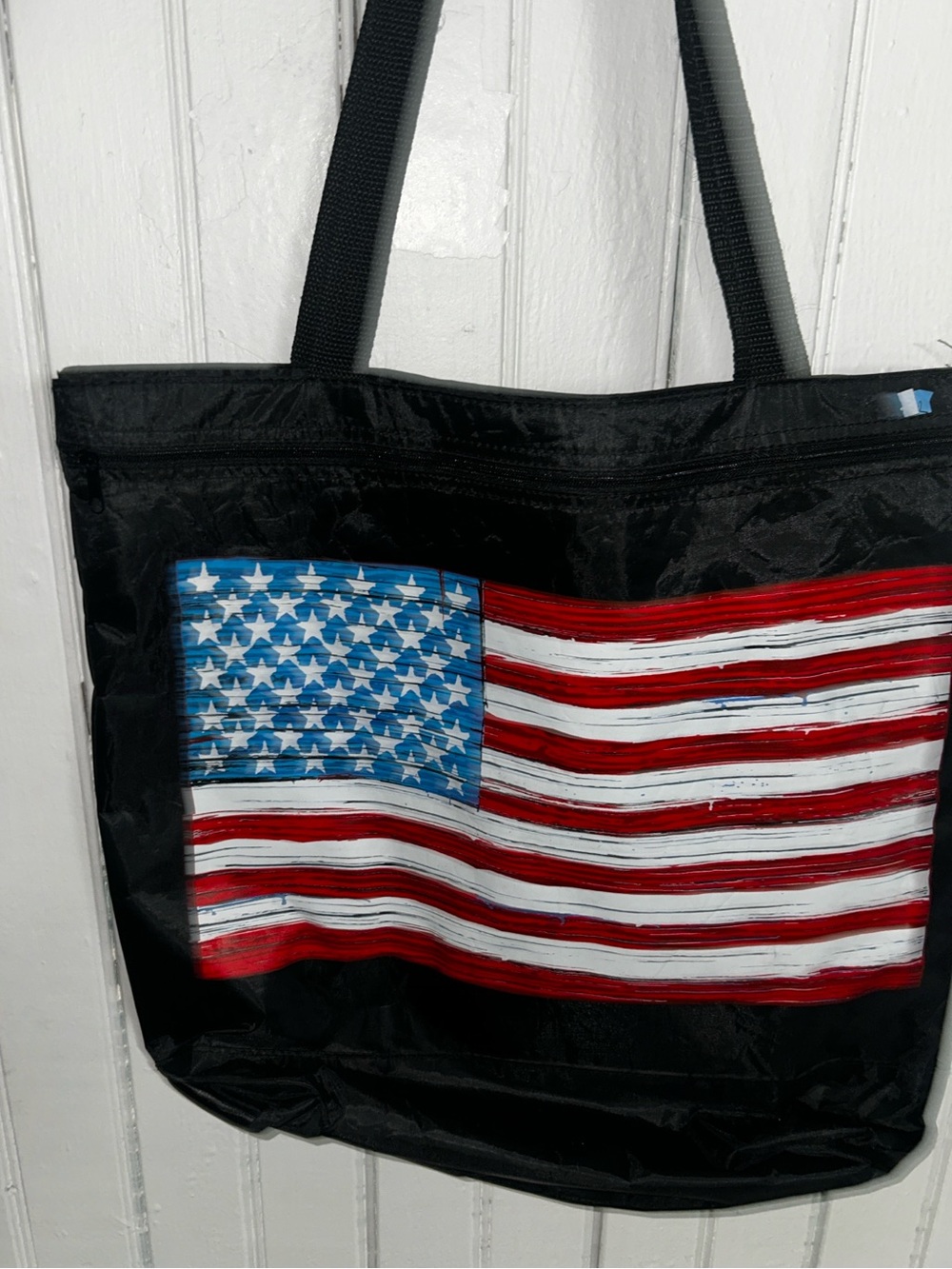 Black Tote Bag with American Flag Print